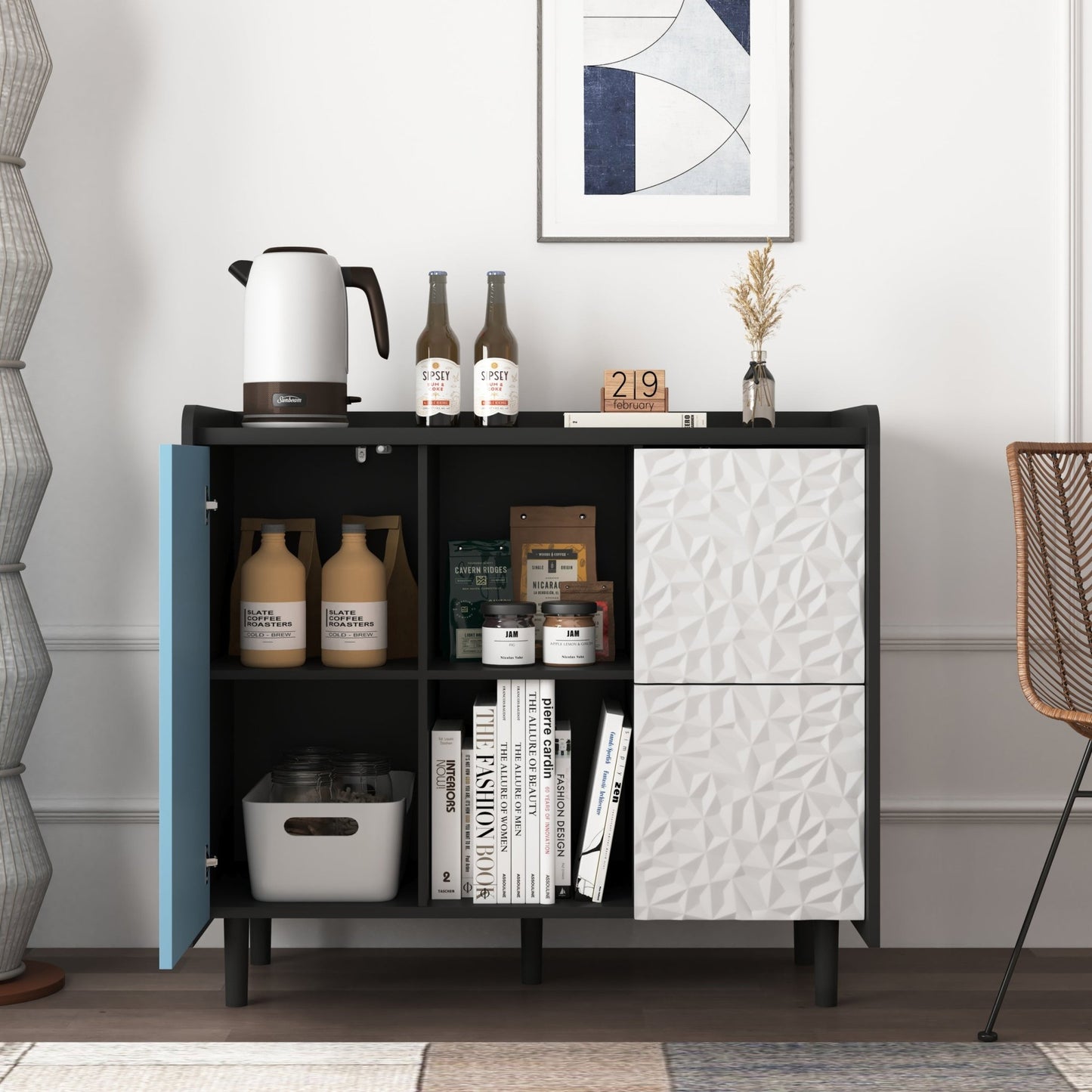 Modern Sideboard Buffet Cabinet with Red Doors and Unique Panel Styling, Black MDF, 35.43' x 15.74' x 31.49' - 1st Choice Furniture Direct