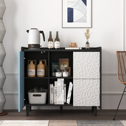 Modern Sideboard Buffet Cabinet with Red Doors and Unique Panel Styling, Black MDF, 35.43' x 15.74' x 31.49' - 1st Choice Furniture Direct