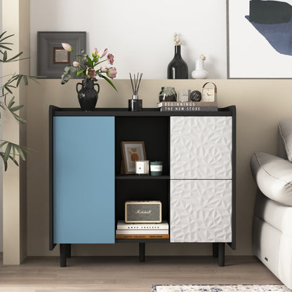 Modern Sideboard Buffet Cabinet with Red Doors and Unique Panel Styling, Black MDF, 35.43' x 15.74' x 31.49' - 1st Choice Furniture Direct