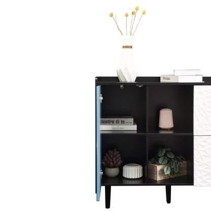 Modern Sideboard Buffet Cabinet with Red Doors and Unique Panel Styling, Black MDF, 35.43' x 15.74' x 31.49' - 1st Choice Furniture Direct