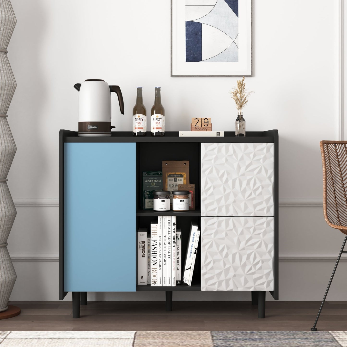 Modern Sideboard Buffet Cabinet with Red Doors and Unique Panel Styling, Black MDF, 35.43' x 15.74' x 31.49' - 1st Choice Furniture Direct