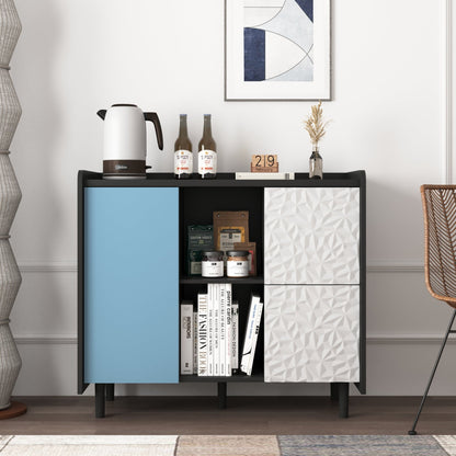 Modern Sideboard Buffet Cabinet with Red Doors and Unique Panel Styling, Black MDF, 35.43' x 15.74' x 31.49' - 1st Choice Furniture Direct