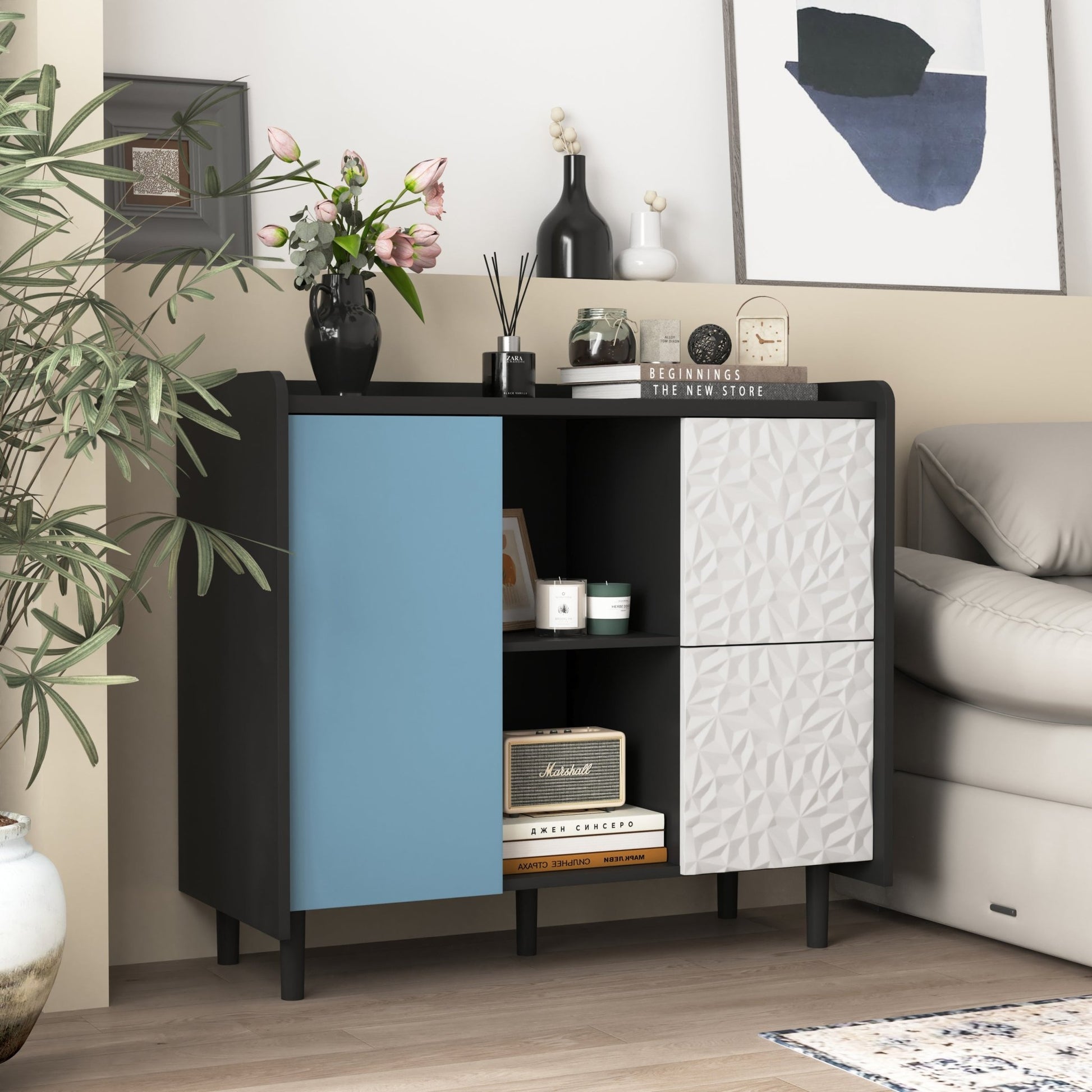 Modern Sideboard Buffet Cabinet with Red Doors and Unique Panel Styling, Black MDF, 35.43' x 15.74' x 31.49' - 1st Choice Furniture Direct