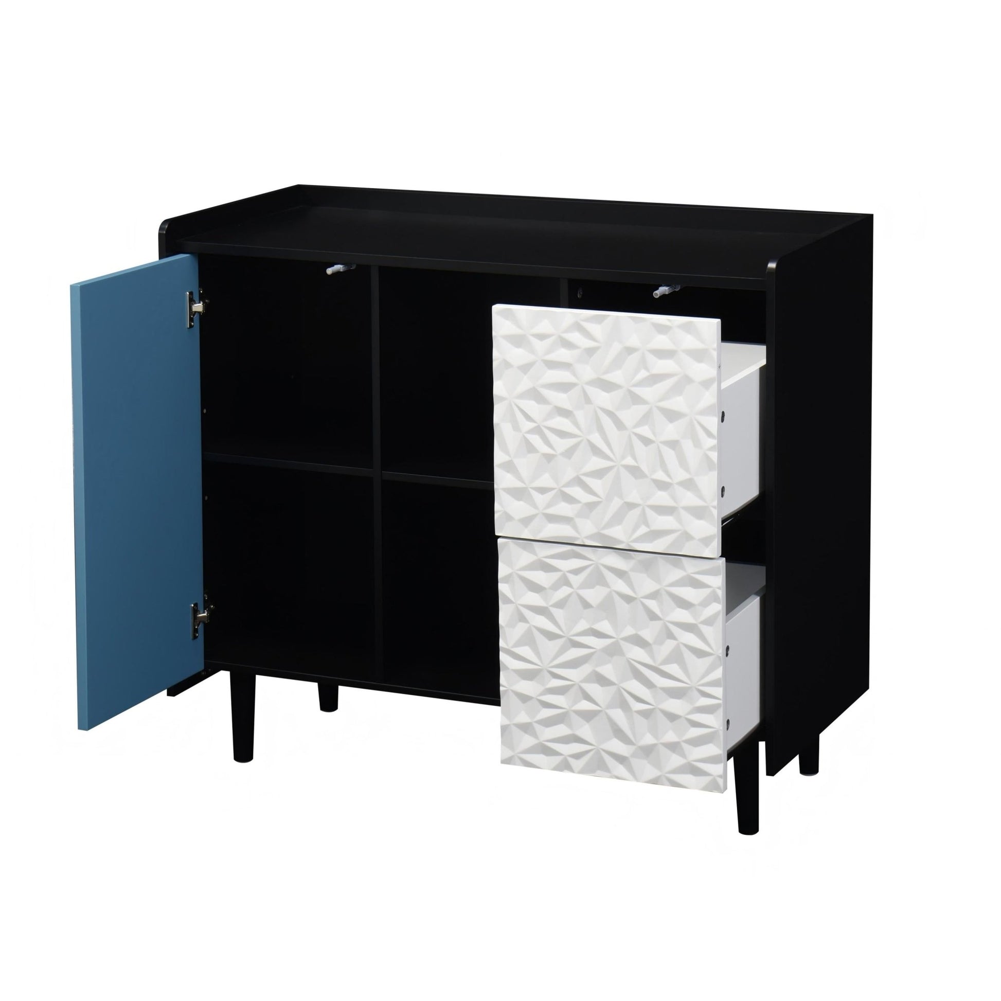 Modern Sideboard Buffet Cabinet with Red Doors and Unique Panel Styling, Black MDF, 35.43' x 15.74' x 31.49' - 1st Choice Furniture Direct