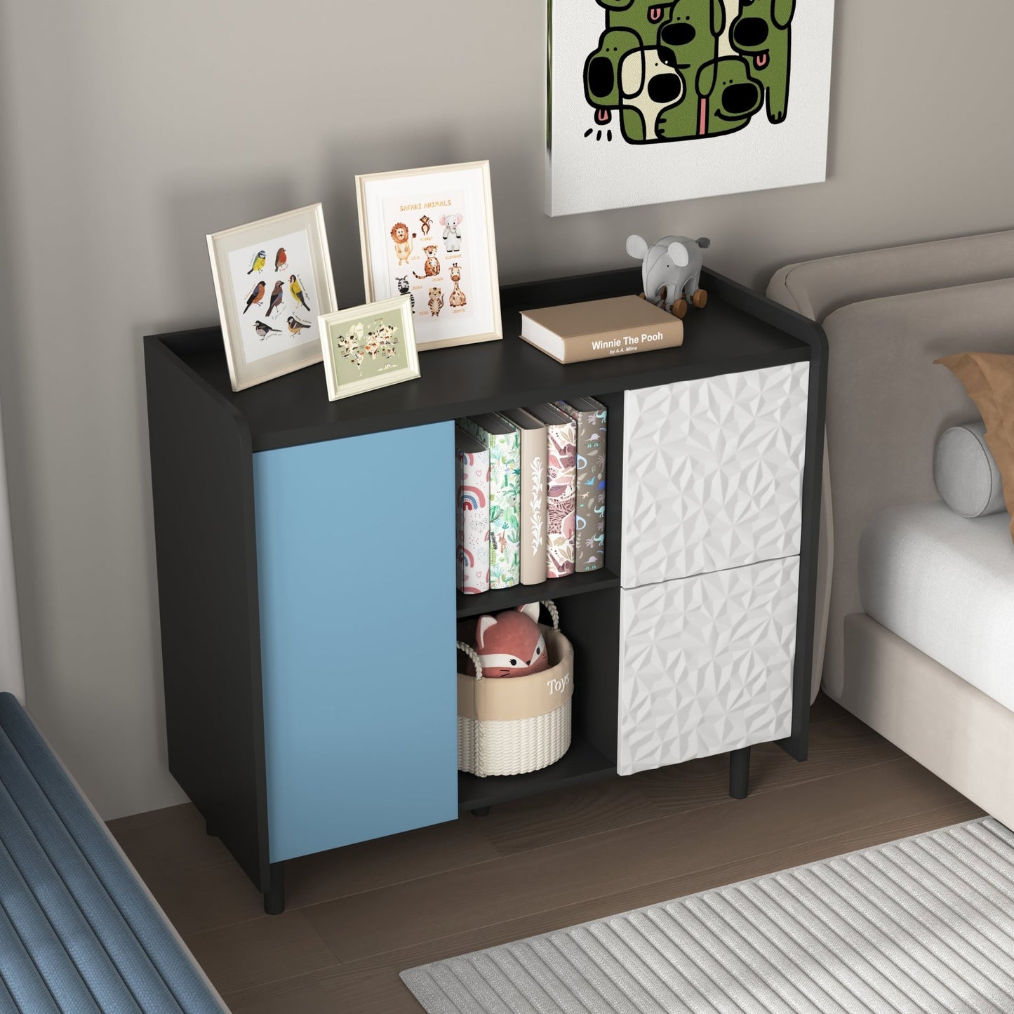 Modern Sideboard Buffet Cabinet with Red Doors and Unique Panel Styling, Black MDF, 35.43' x 15.74' x 31.49' - 1st Choice Furniture Direct