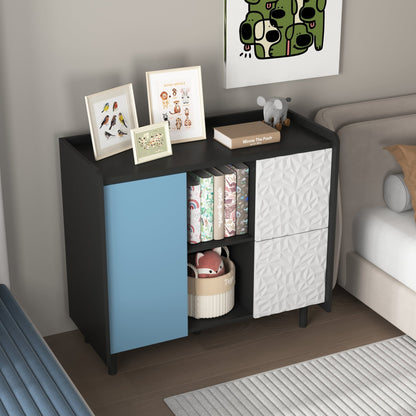 Modern Sideboard Buffet Cabinet with Red Doors and Unique Panel Styling, Black MDF, 35.43' x 15.74' x 31.49' - 1st Choice Furniture Direct