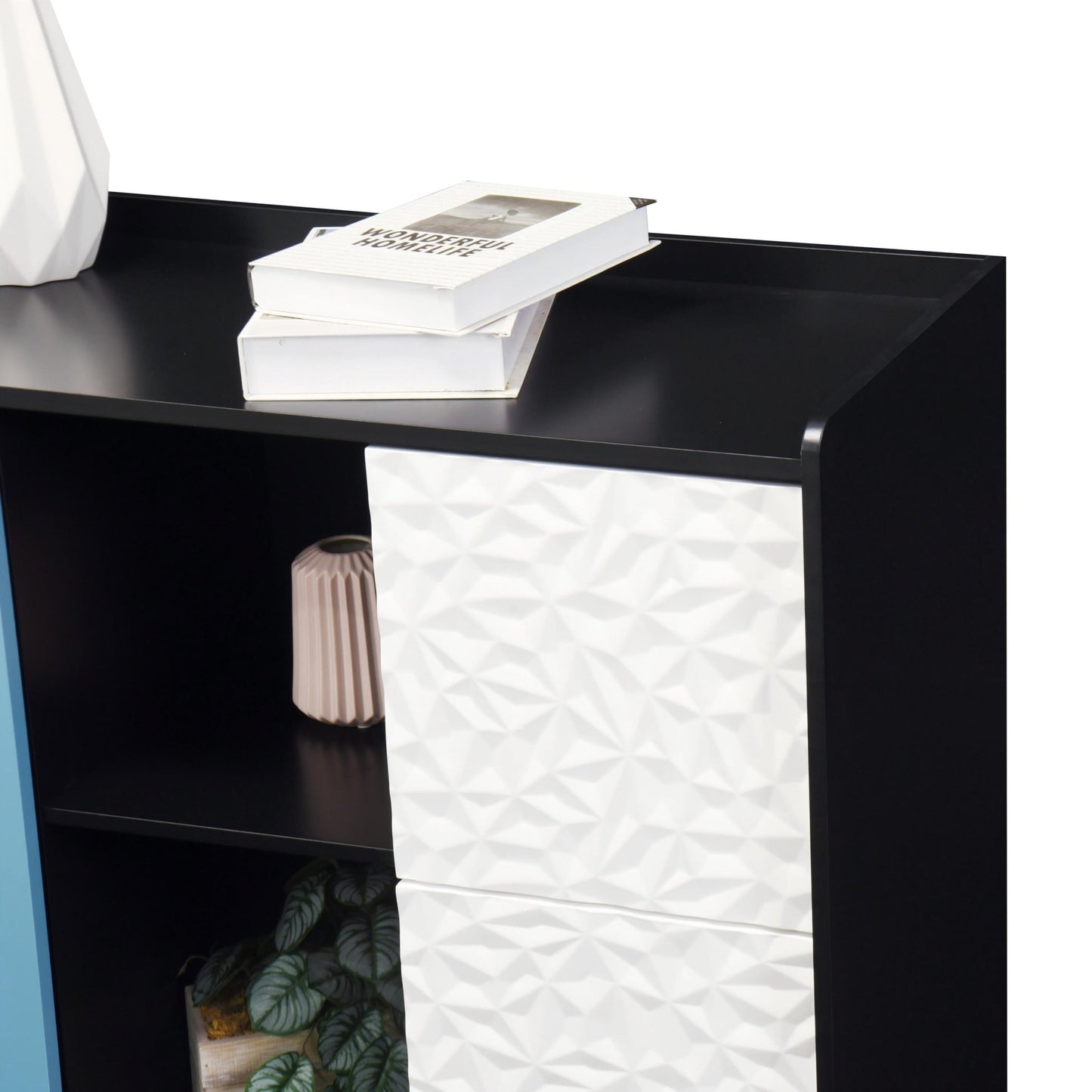 Modern Sideboard Buffet Cabinet with Red Doors and Unique Panel Styling, Black MDF, 35.43' x 15.74' x 31.49' - 1st Choice Furniture Direct
