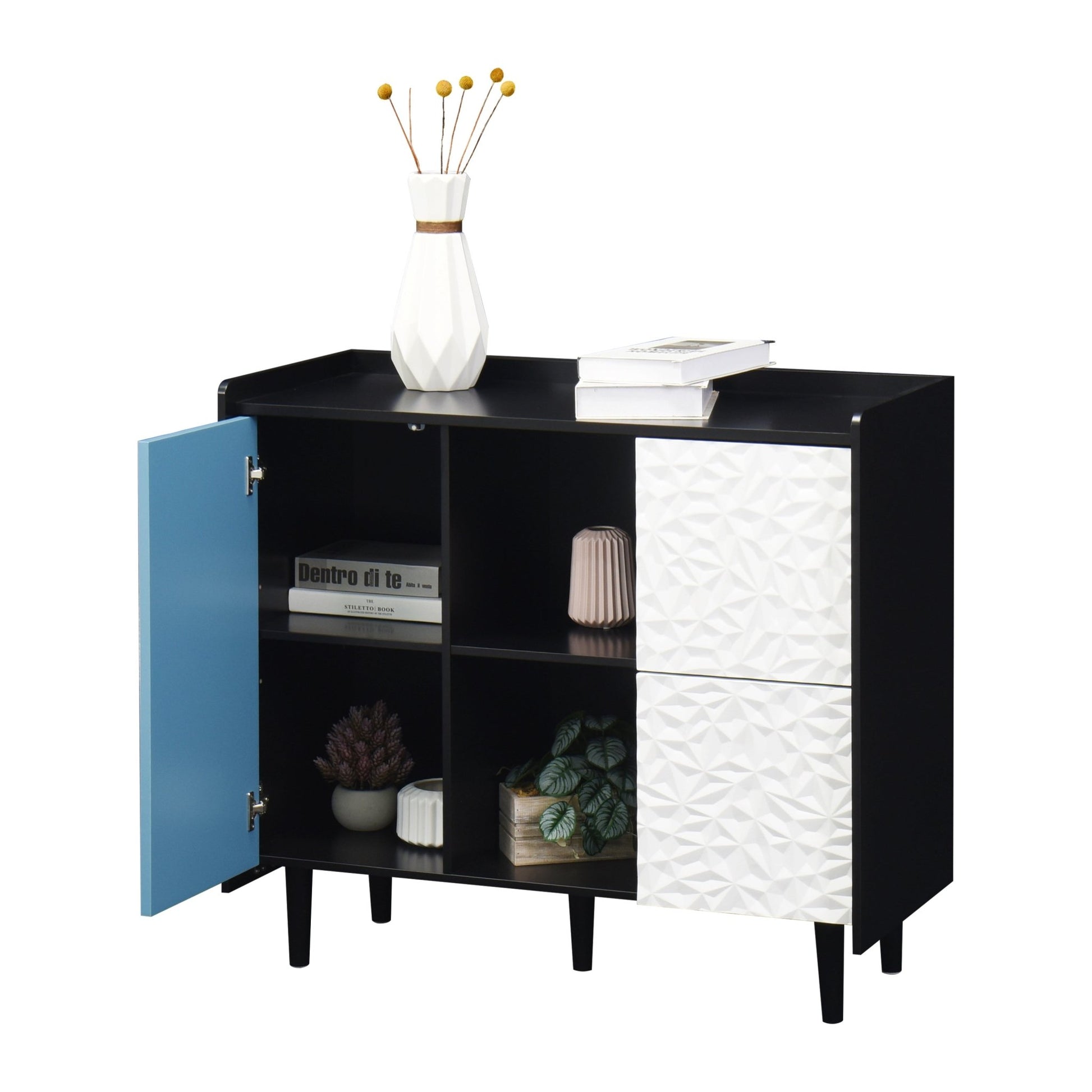Modern Sideboard Buffet Cabinet with Red Doors and Unique Panel Styling, Black MDF, 35.43' x 15.74' x 31.49' - 1st Choice Furniture Direct