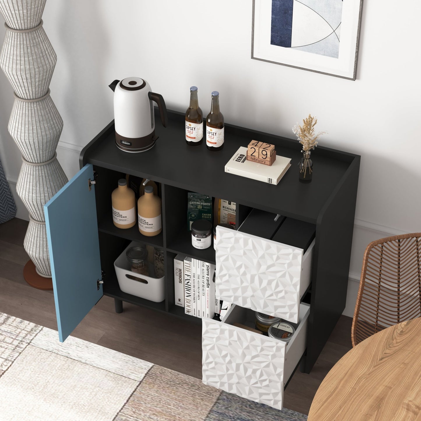 Modern Sideboard Buffet Cabinet with Red Doors and Unique Panel Styling, Black MDF, 35.43' x 15.74' x 31.49' - 1st Choice Furniture Direct