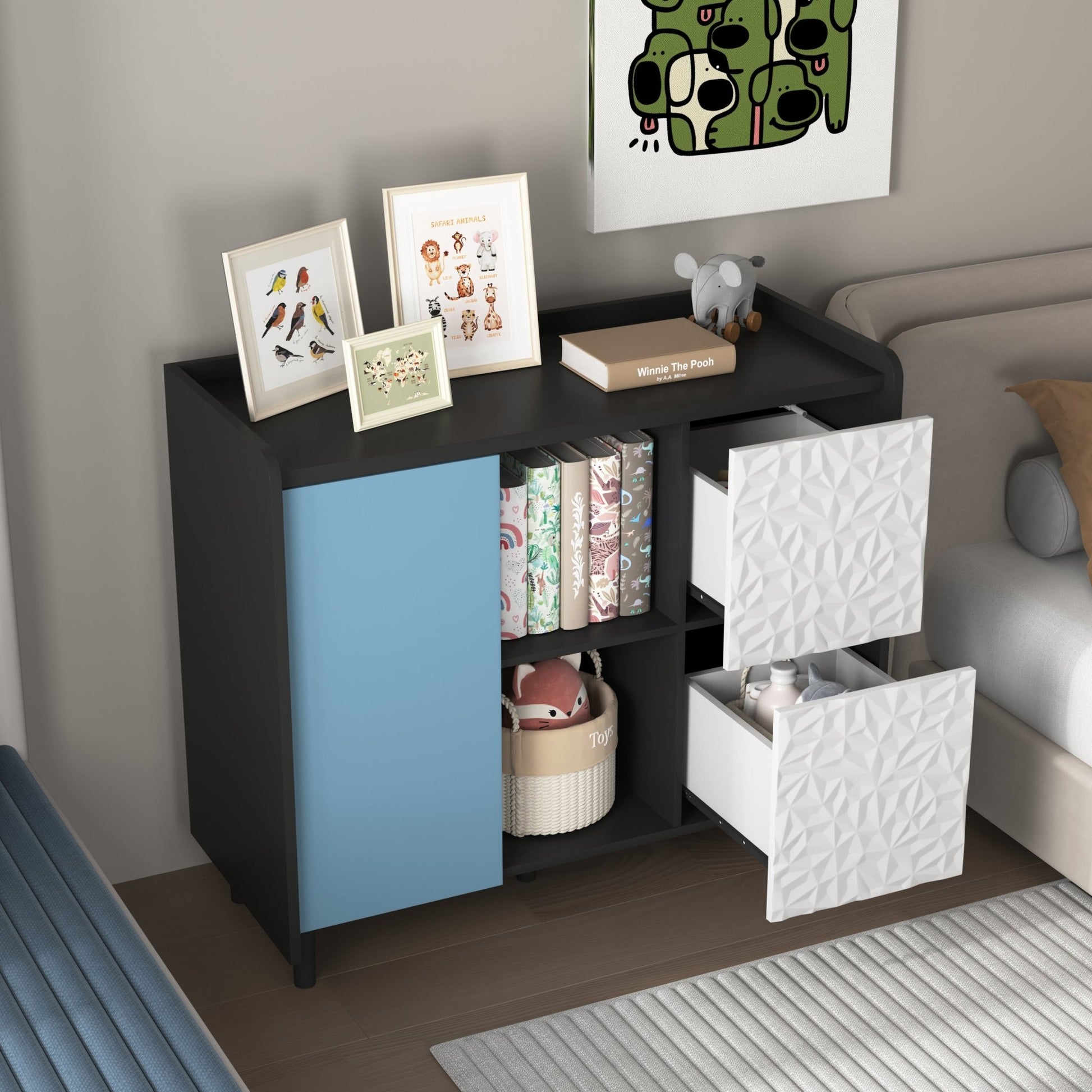 Modern Sideboard Buffet Cabinet with Red Doors and Unique Panel Styling, Black MDF, 35.43' x 15.74' x 31.49' - 1st Choice Furniture Direct