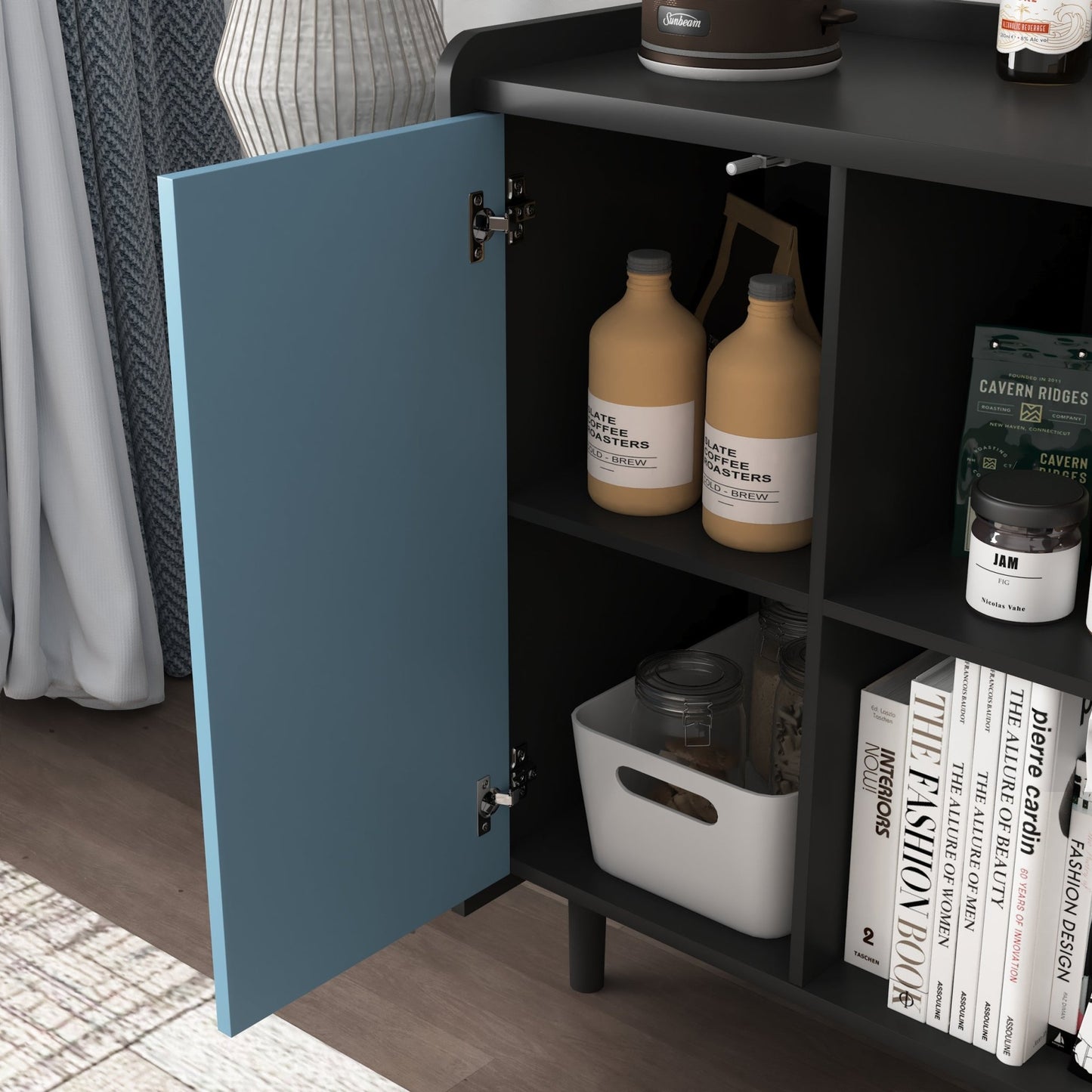 Modern Sideboard Buffet Cabinet with Red Doors and Unique Panel Styling, Black MDF, 35.43' x 15.74' x 31.49' - 1st Choice Furniture Direct