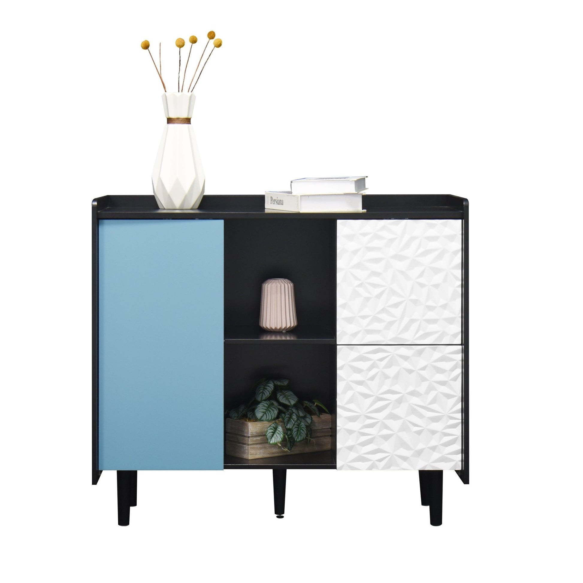 Modern Sideboard Buffet Cabinet with Red Doors and Unique Panel Styling, Black MDF, 35.43' x 15.74' x 31.49' - 1st Choice Furniture Direct