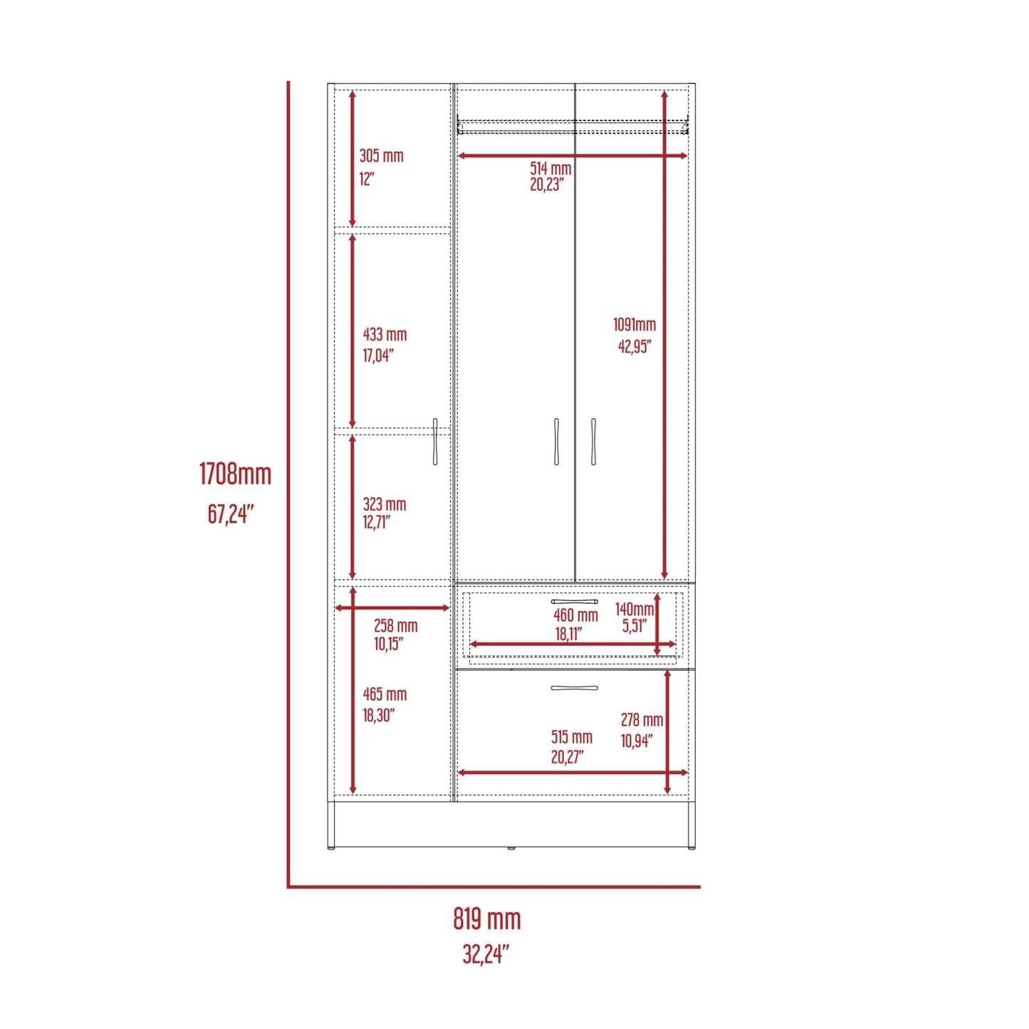 Modern Storage Armoire Wardrobe Cabinet with Drawer and Hanging Rod - 1st Choice Furniture Direct