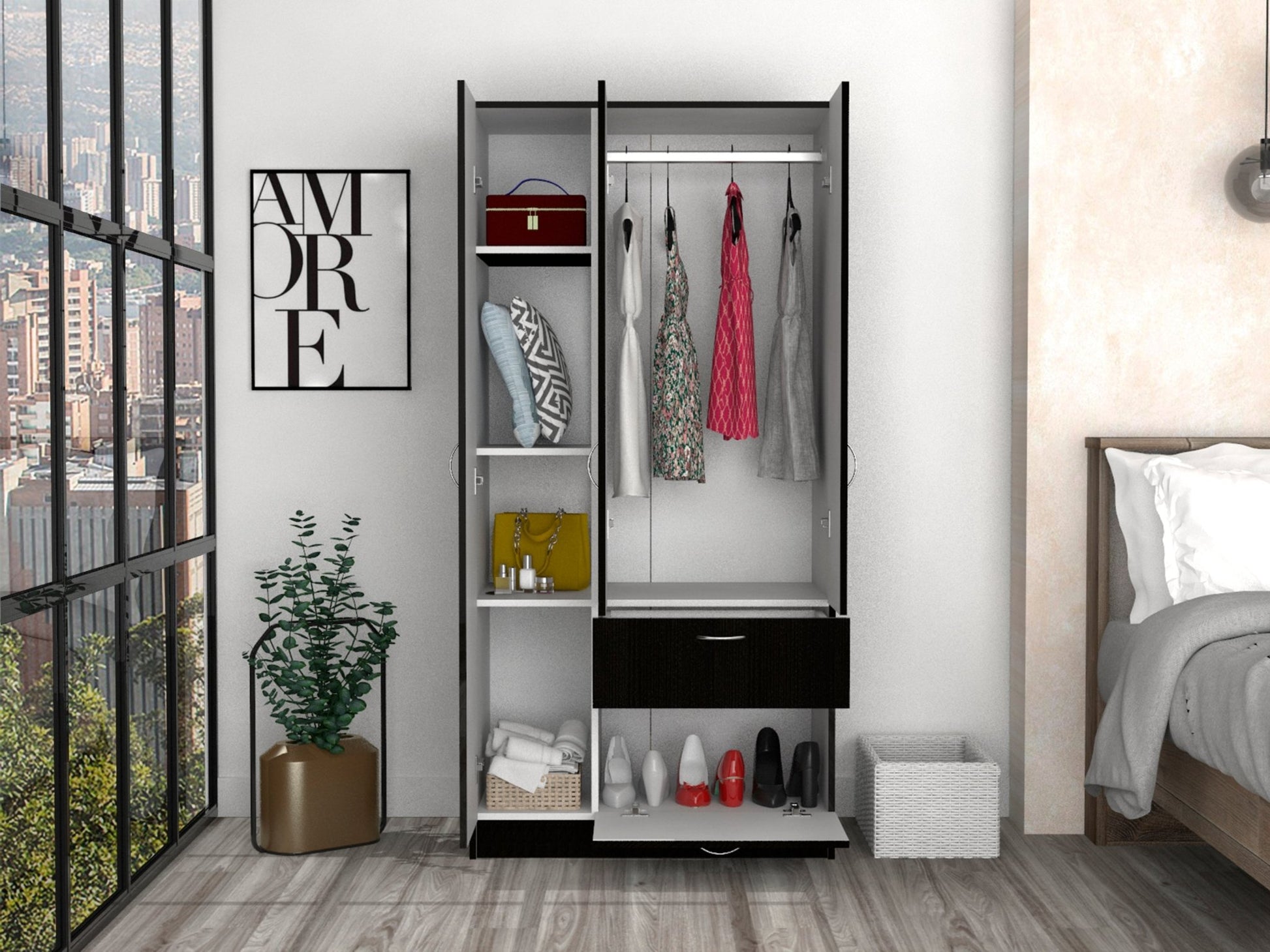 Modern Storage Armoire Wardrobe Cabinet with Drawer and Hanging Rod - 1st Choice Furniture Direct