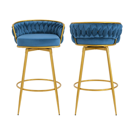 Modern Swivel Counter Height Bar Stools Set of 2 with Hand - Woven Backrest, Blue, Metal & Polyester, 31.5 Inch - 1st Choice Furniture Direct