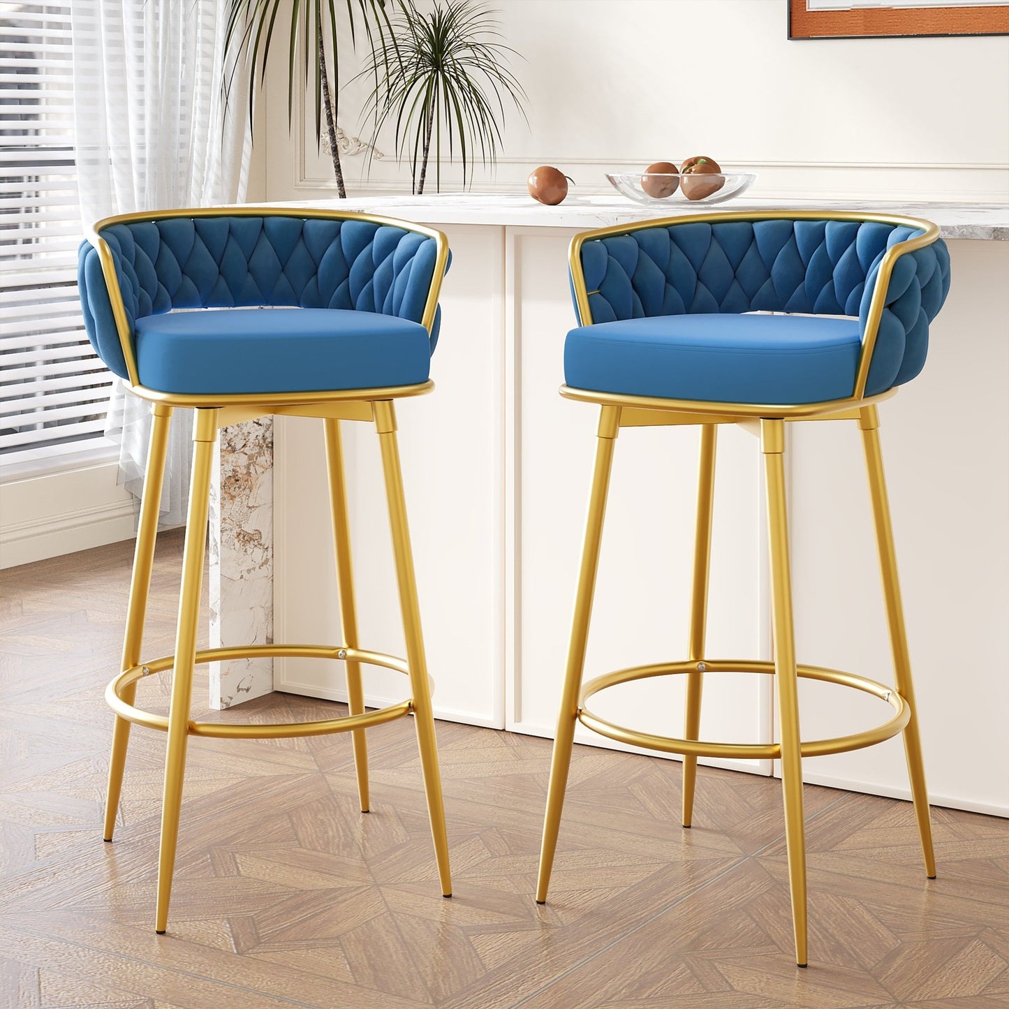 Modern Swivel Counter Height Bar Stools Set of 2 with Hand - Woven Backrest, Blue, Metal & Polyester, 31.5 Inch - 1st Choice Furniture Direct