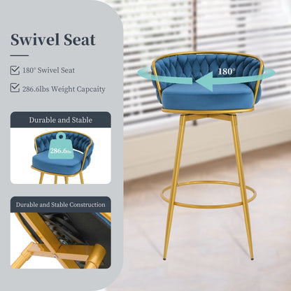 Modern Swivel Counter Height Bar Stools Set of 2 with Hand - Woven Backrest, Blue, Metal & Polyester, 31.5 Inch - 1st Choice Furniture Direct