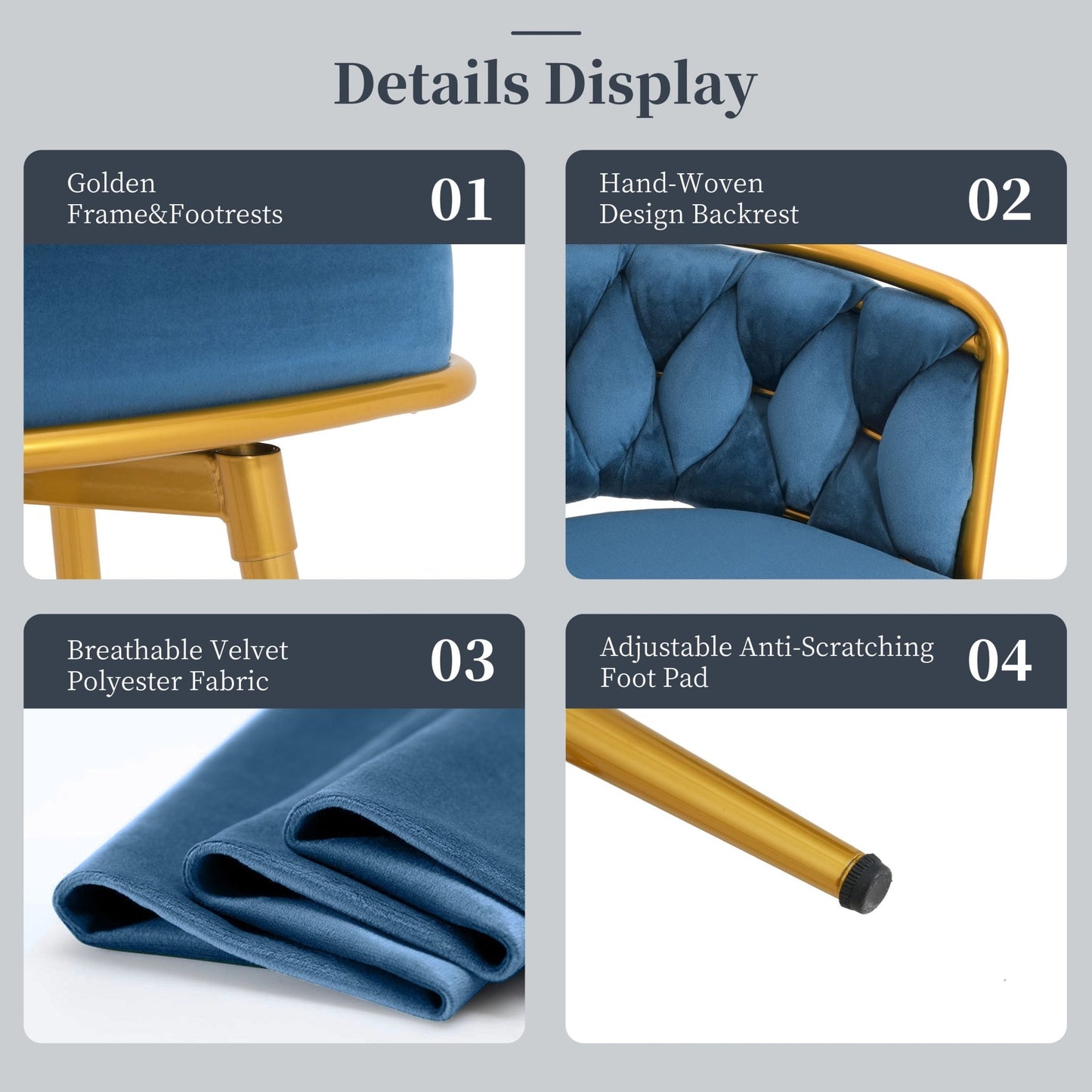 Modern Swivel Counter Height Bar Stools Set of 2 with Hand - Woven Backrest, Blue, Metal & Polyester, 31.5 Inch - 1st Choice Furniture Direct