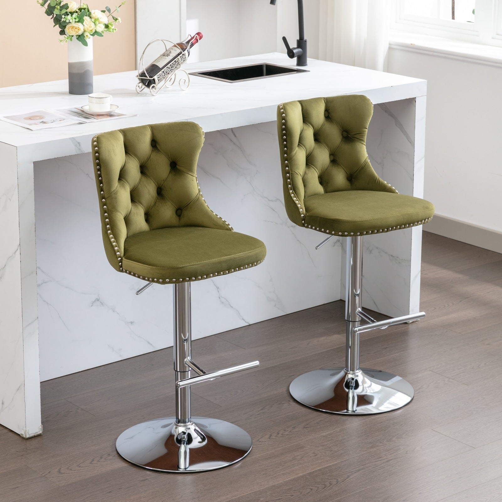 Modern Swivel Velvet Barstools with Adjustable Seat Height and Chrome Base, Olive Green, Set of 2 - 1st Choice Furniture Direct