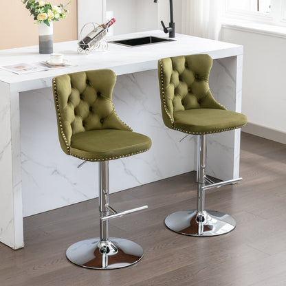 Modern Swivel Velvet Barstools with Adjustable Seat Height and Chrome Base, Olive Green, Set of 2 - 1st Choice Furniture Direct
