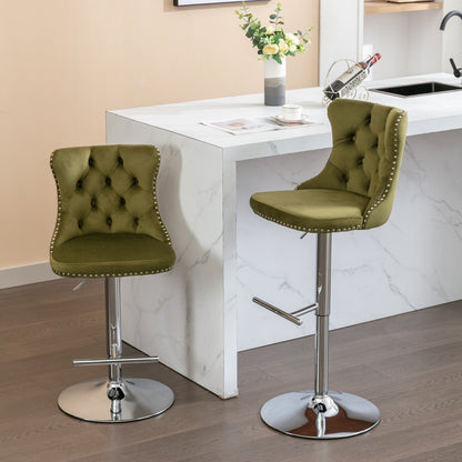 Modern Swivel Velvet Barstools with Adjustable Seat Height and Chrome Base, Olive Green, Set of 2 - 1st Choice Furniture Direct