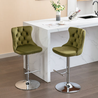 Modern Swivel Velvet Barstools with Adjustable Seat Height and Chrome Base, Olive Green, Set of 2 - 1st Choice Furniture Direct