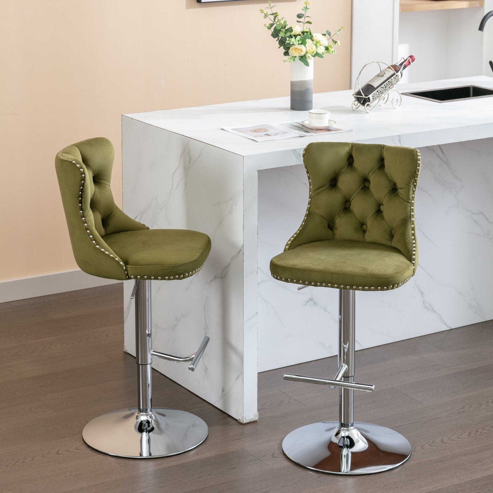 Modern Swivel Velvet Barstools with Adjustable Seat Height and Chrome Base, Olive Green, Set of 2 - 1st Choice Furniture Direct