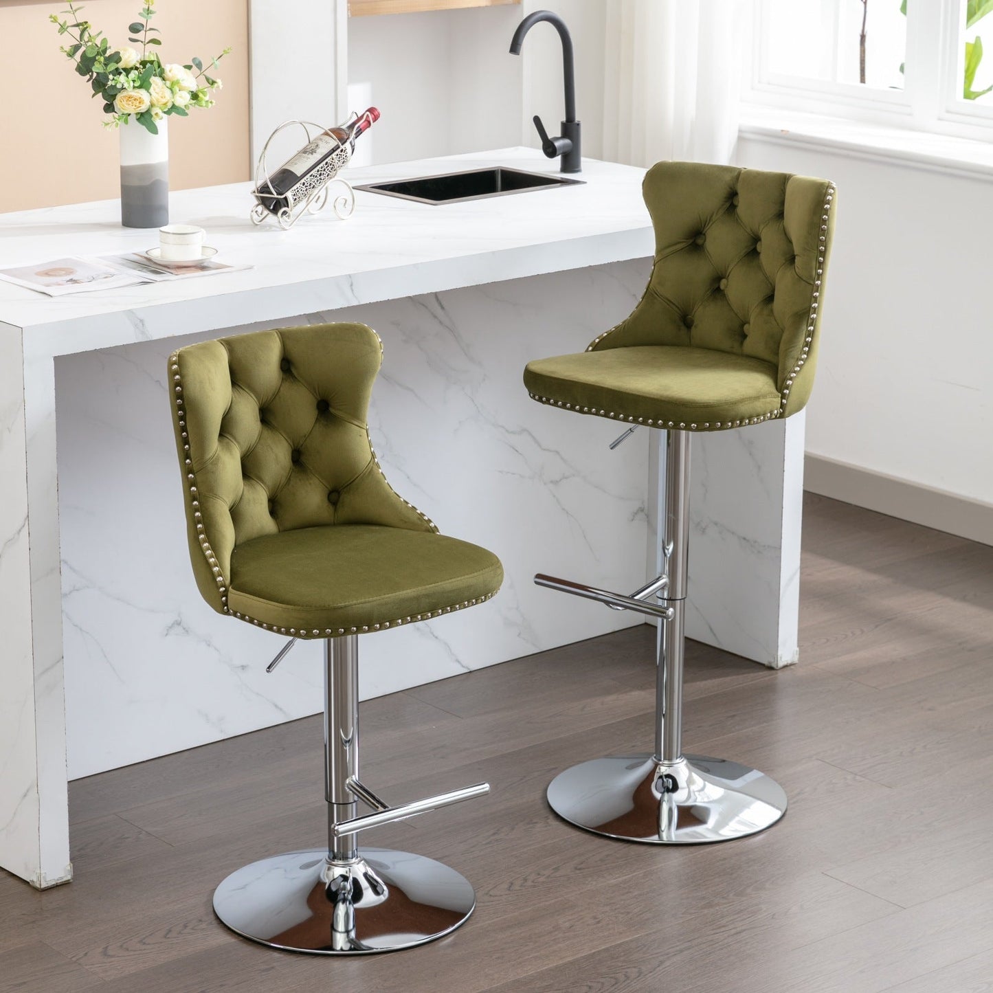 Modern Swivel Velvet Barstools with Adjustable Seat Height and Chrome Base, Olive Green, Set of 2 - 1st Choice Furniture Direct