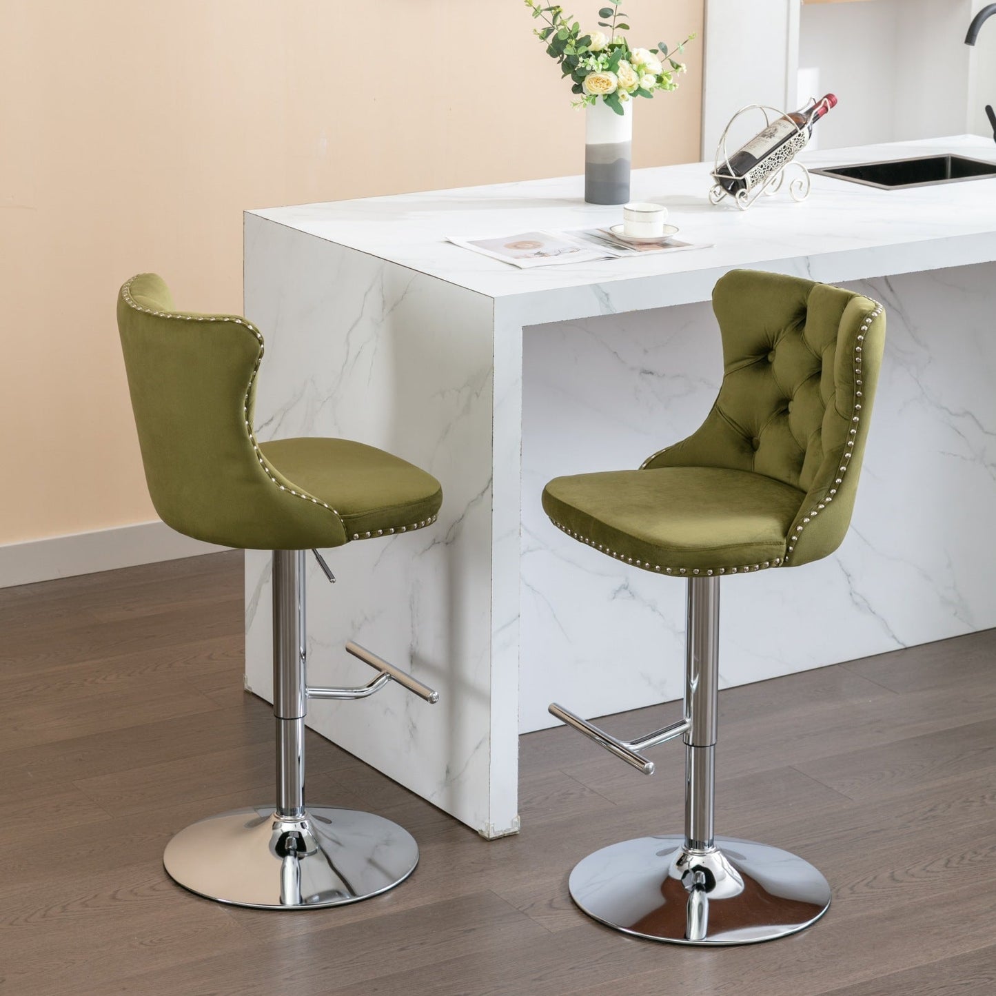 Modern Swivel Velvet Barstools with Adjustable Seat Height and Chrome Base, Olive Green, Set of 2 - 1st Choice Furniture Direct