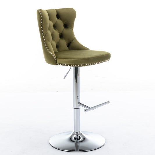 Modern Swivel Velvet Barstools with Adjustable Seat Height and Chrome Base, Olive Green, Set of 2 - 1st Choice Furniture Direct