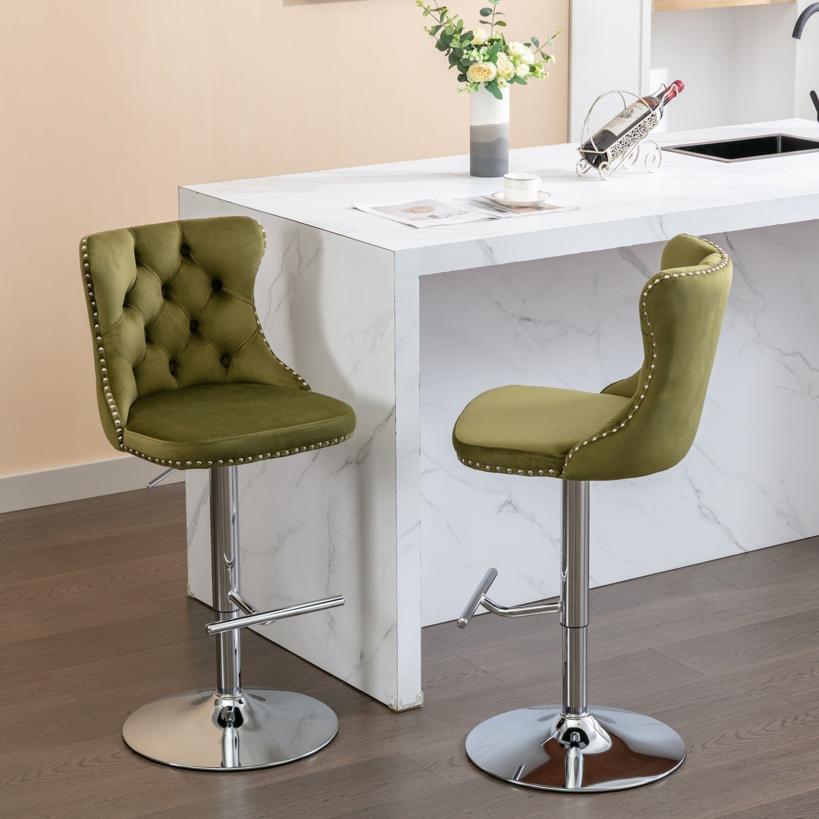 Modern Swivel Velvet Barstools with Adjustable Seat Height and Chrome Base, Olive Green, Set of 2 - 1st Choice Furniture Direct