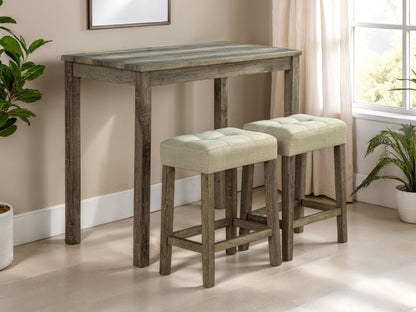 Modern Transitional Brown Dining Table w 2x Stools Biscuit - Tufted Seat Cushion Chair 3pc Dining Set - 1st Choice Furniture Direct