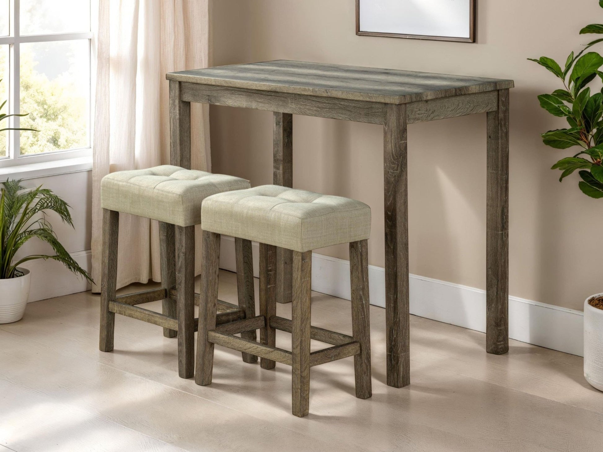Modern Transitional Brown Dining Table w 2x Stools Biscuit - Tufted Seat Cushion Chair 3pc Dining Set - 1st Choice Furniture Direct