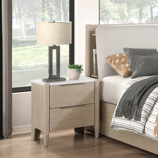 Modern Two Drawers Nightstand with Charging Ports Marble Top Light Oak Finish Bedroom Furniture 1pc Bedside Table - 1st Choice Furniture Direct