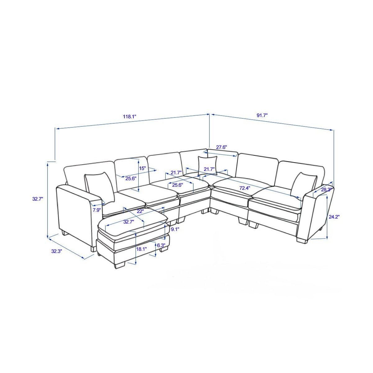 Modern U Shaped 6-seat Sectional Sofa Couch with one Ottoman and three toss pillows ,Modular Sofa for Living Room,Corduroy sofa - 1st Choice Furniture Direct