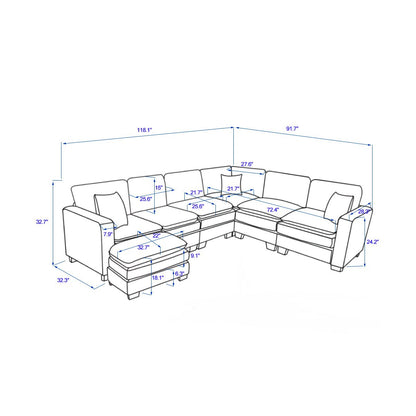 Modern U Shaped 6-seat Sectional Sofa Couch with one Ottoman and three toss pillows ,Modular Sofa for Living Room,Corduroy sofa - 1st Choice Furniture Direct