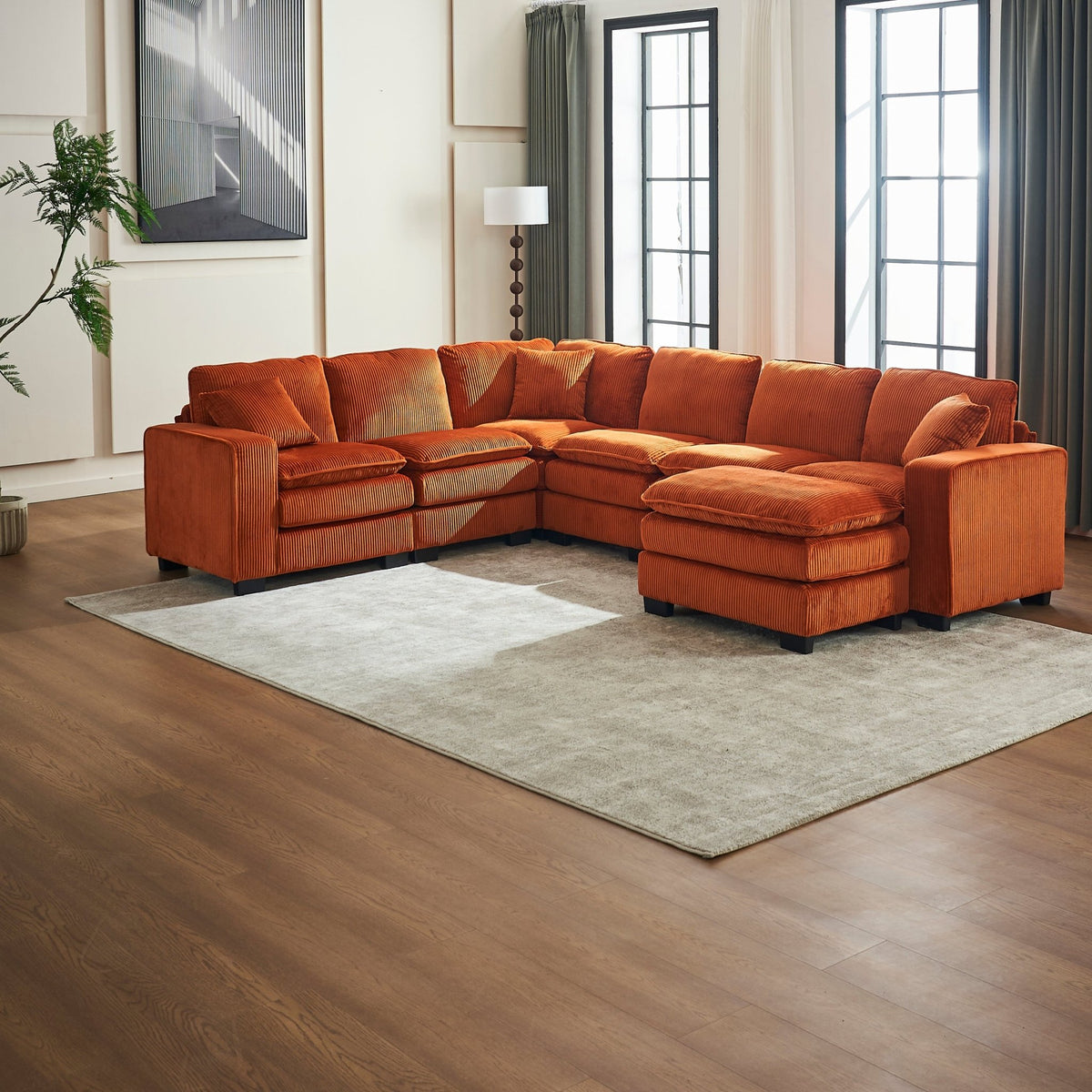 Modern U Shaped 6-seat Sectional Sofa Couch with one Ottoman and three toss pillows ,Modular Sofa for Living Room,Corduroy sofa - 1st Choice Furniture Direct
