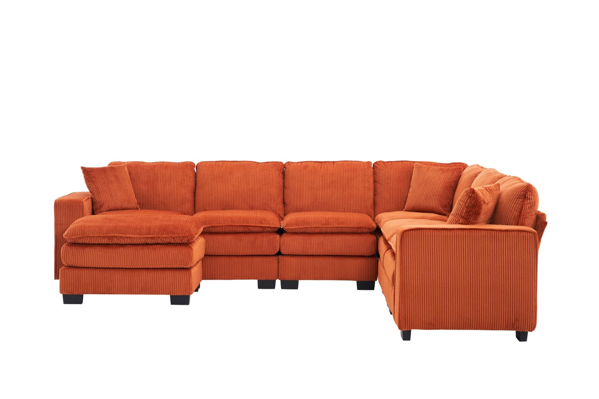 Modern U Shaped 6-seat Sectional Sofa Couch with one Ottoman and three toss pillows ,Modular Sofa for Living Room,Corduroy sofa - 1st Choice Furniture Direct