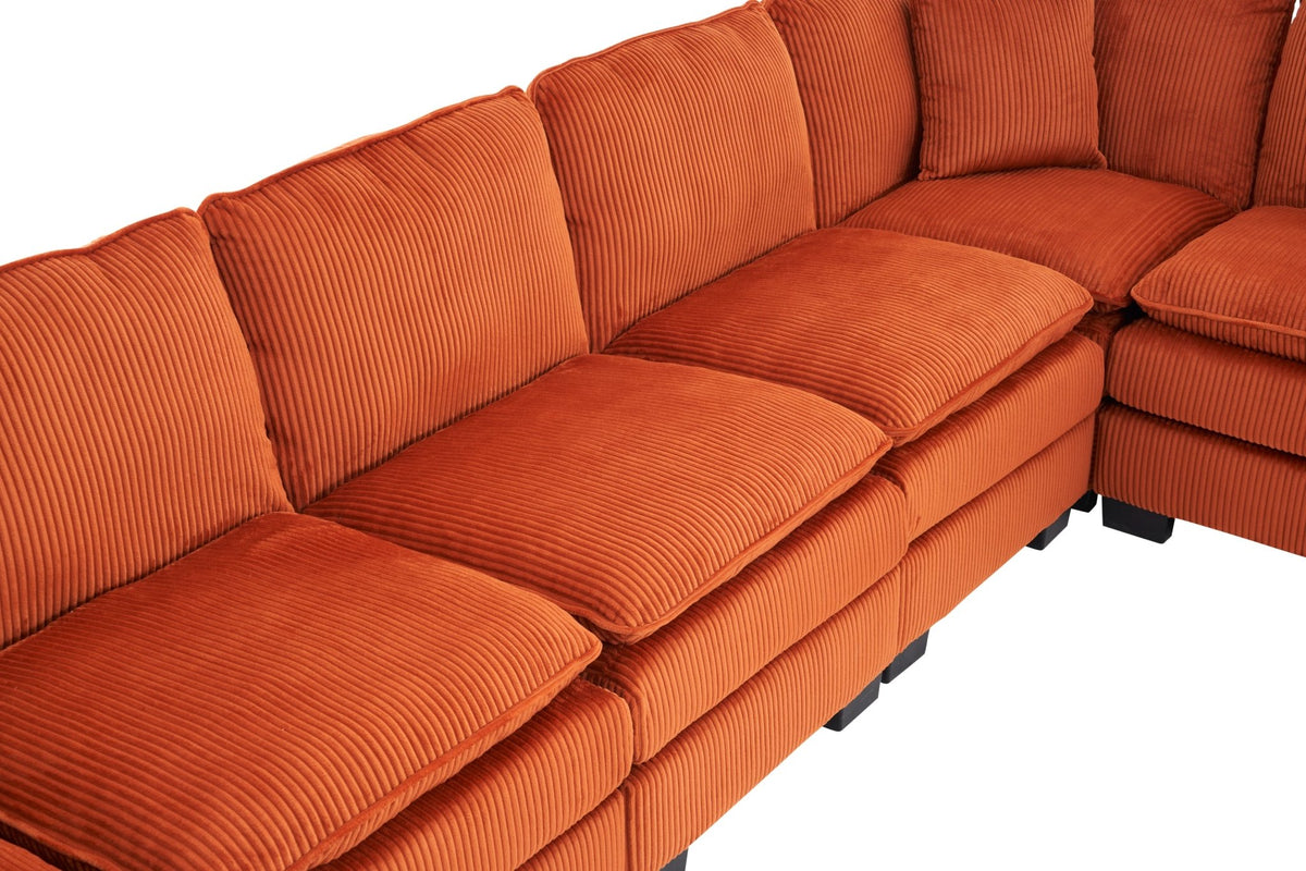 Modern U Shaped 6-seat Sectional Sofa Couch with one Ottoman and three toss pillows ,Modular Sofa for Living Room,Corduroy sofa - 1st Choice Furniture Direct