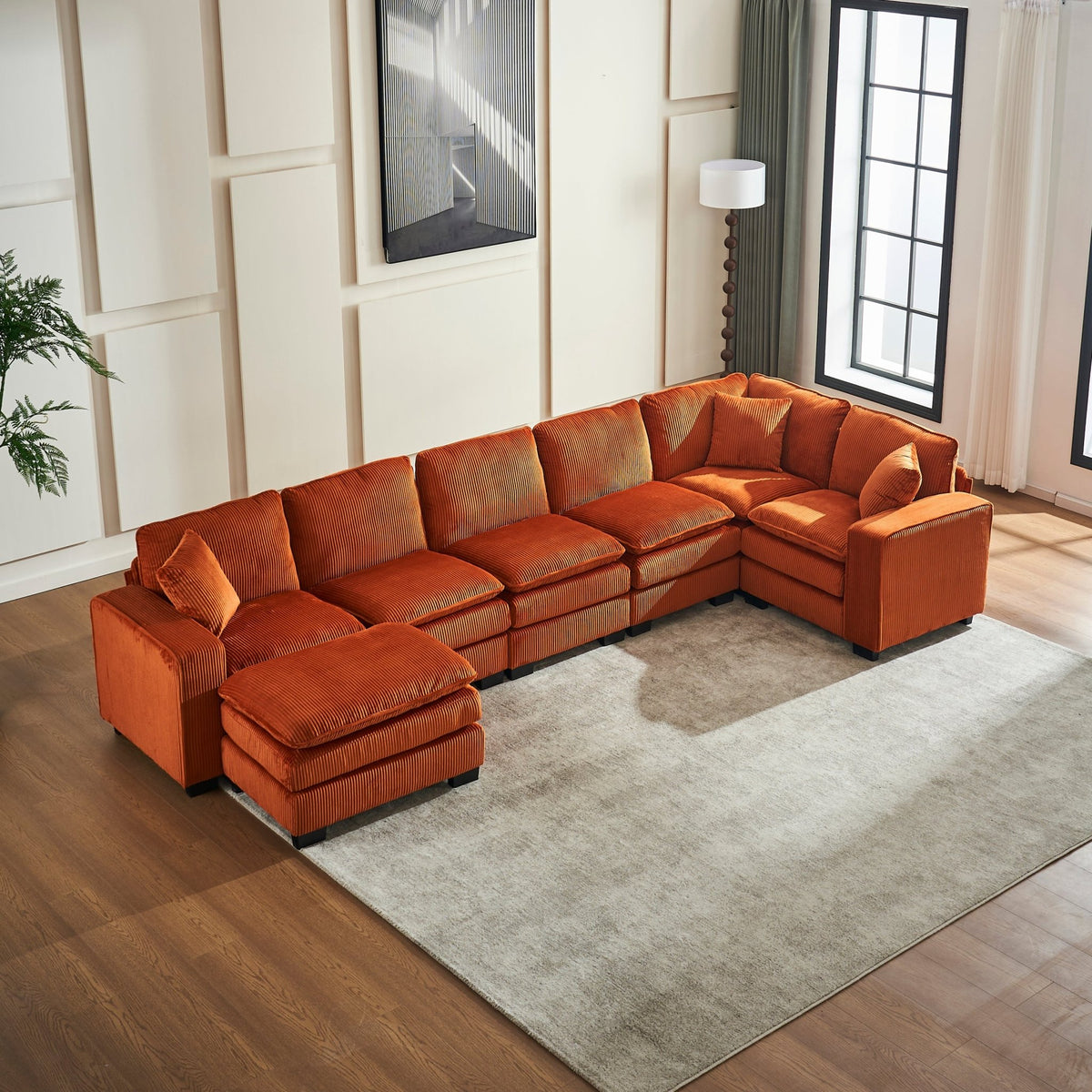Modern U Shaped 6-seat Sectional Sofa Couch with one Ottoman and three toss pillows ,Modular Sofa for Living Room,Corduroy sofa - 1st Choice Furniture Direct