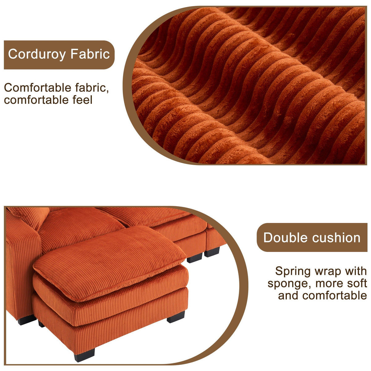 Modern U Shaped 6-seat Sectional Sofa Couch with one Ottoman and three toss pillows ,Modular Sofa for Living Room,Corduroy sofa - 1st Choice Furniture Direct