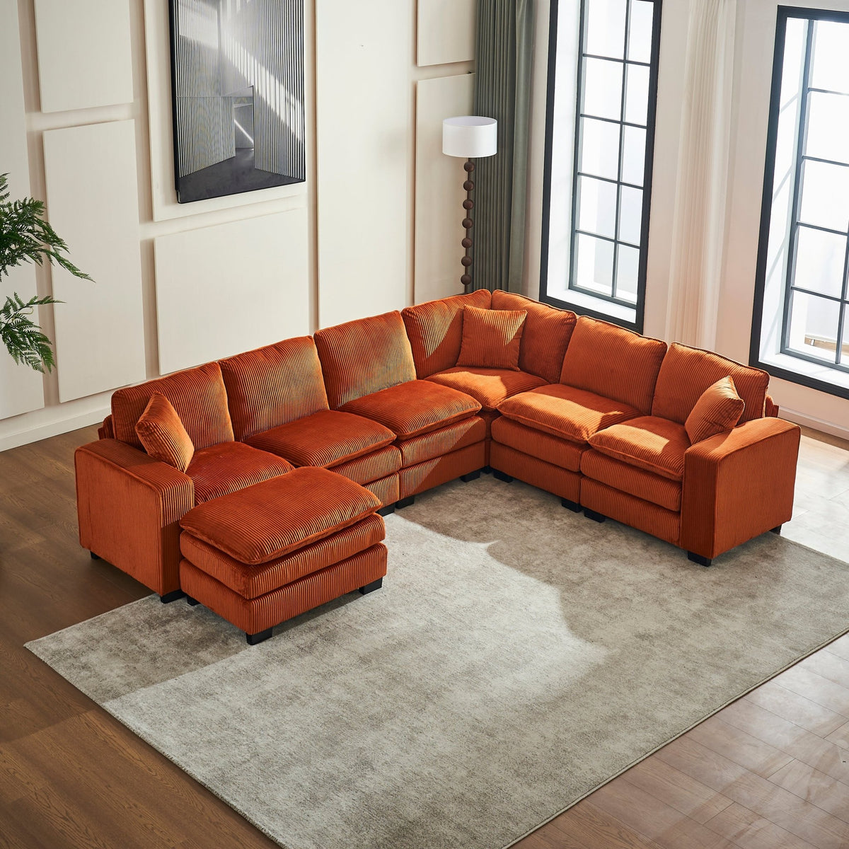 Modern U Shaped 6-seat Sectional Sofa Couch with one Ottoman and three toss pillows ,Modular Sofa for Living Room,Corduroy sofa - 1st Choice Furniture Direct