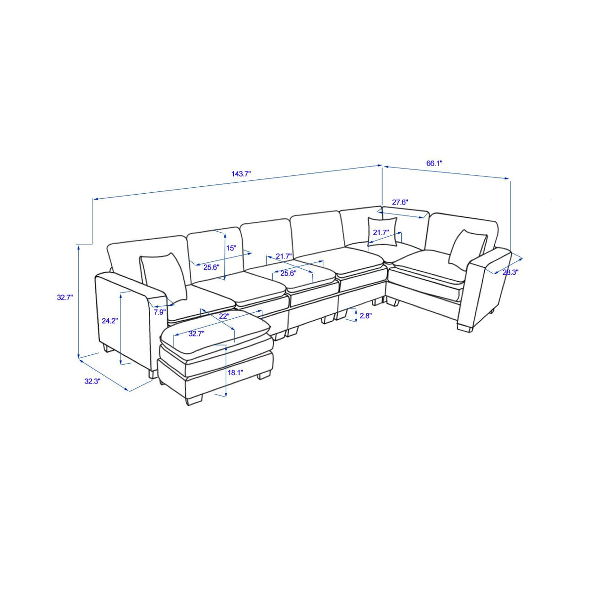 Modern U Shaped 6-seat Sectional Sofa Couch with one Ottoman and three toss pillows ,Modular Sofa for Living Room,Corduroy sofa - 1st Choice Furniture Direct