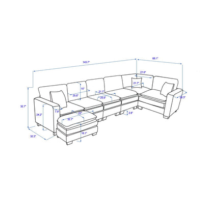 Modern U Shaped 6-seat Sectional Sofa Couch with one Ottoman and three toss pillows ,Modular Sofa for Living Room,Corduroy sofa - 1st Choice Furniture Direct