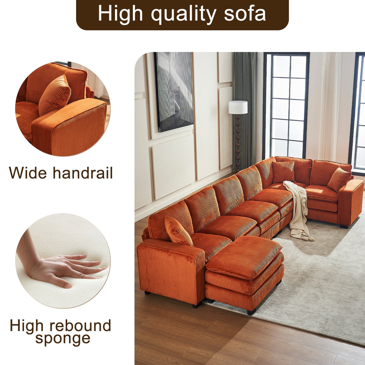 Modern U Shaped 6-seat Sectional Sofa Couch with one Ottoman and three toss pillows ,Modular Sofa for Living Room,Corduroy sofa - 1st Choice Furniture Direct