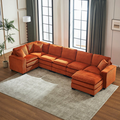 Modern U Shaped 6-seat Sectional Sofa Couch with one Ottoman and three toss pillows ,Modular Sofa for Living Room,Corduroy sofa - 1st Choice Furniture Direct