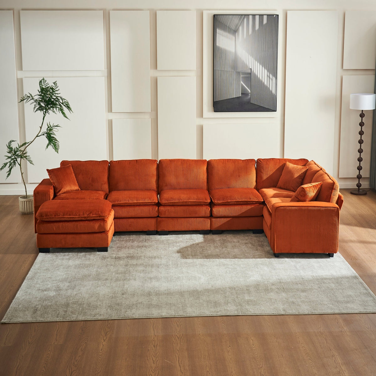 Modern U Shaped 6-seat Sectional Sofa Couch with one Ottoman and three toss pillows ,Modular Sofa for Living Room,Corduroy sofa - 1st Choice Furniture Direct