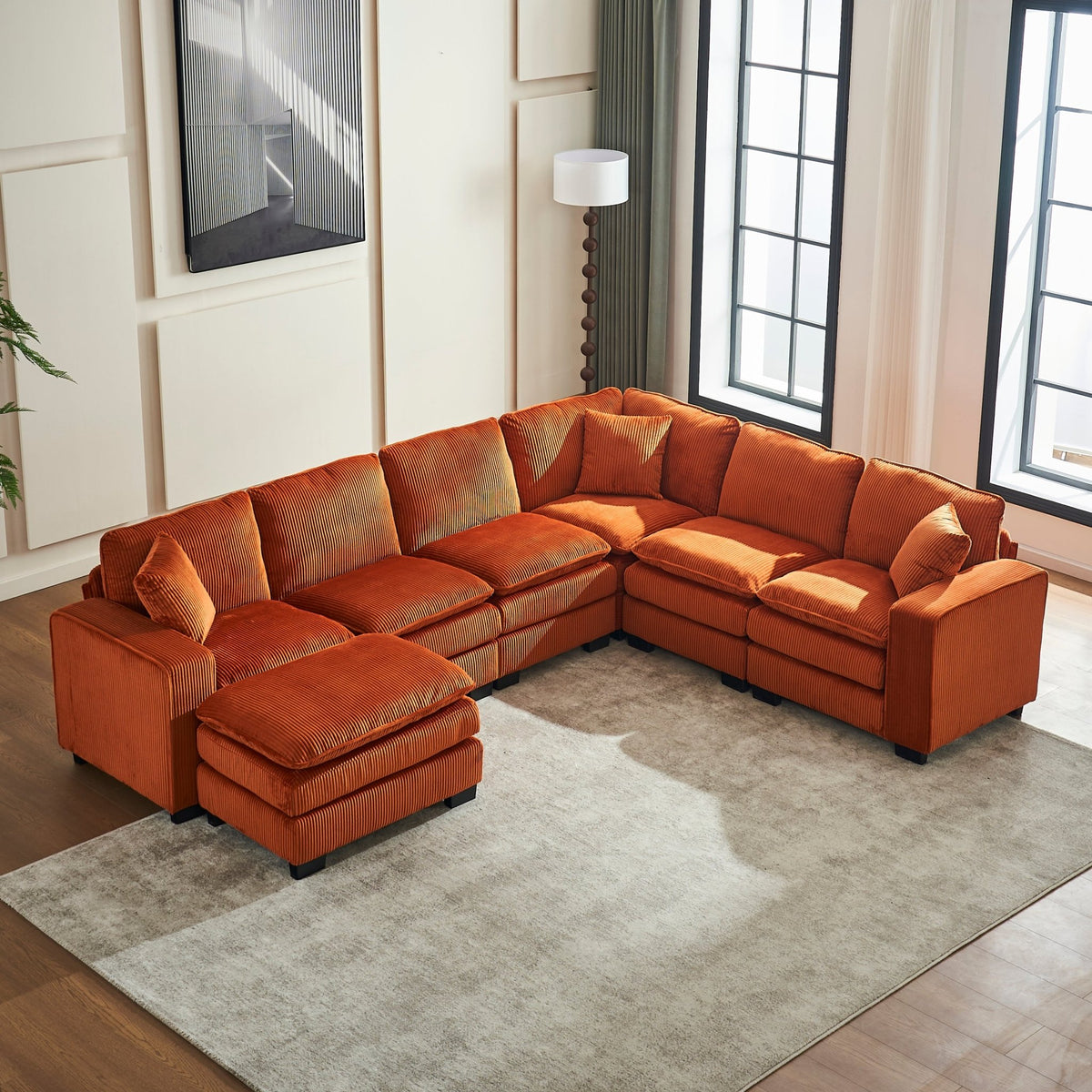 Modern U Shaped 6-seat Sectional Sofa Couch with one Ottoman and three toss pillows ,Modular Sofa for Living Room,Corduroy sofa - 1st Choice Furniture Direct
