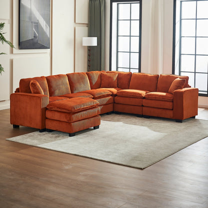Modern U Shaped 6-seat Sectional Sofa Couch with one Ottoman and three toss pillows ,Modular Sofa for Living Room,Corduroy sofa - 1st Choice Furniture Direct