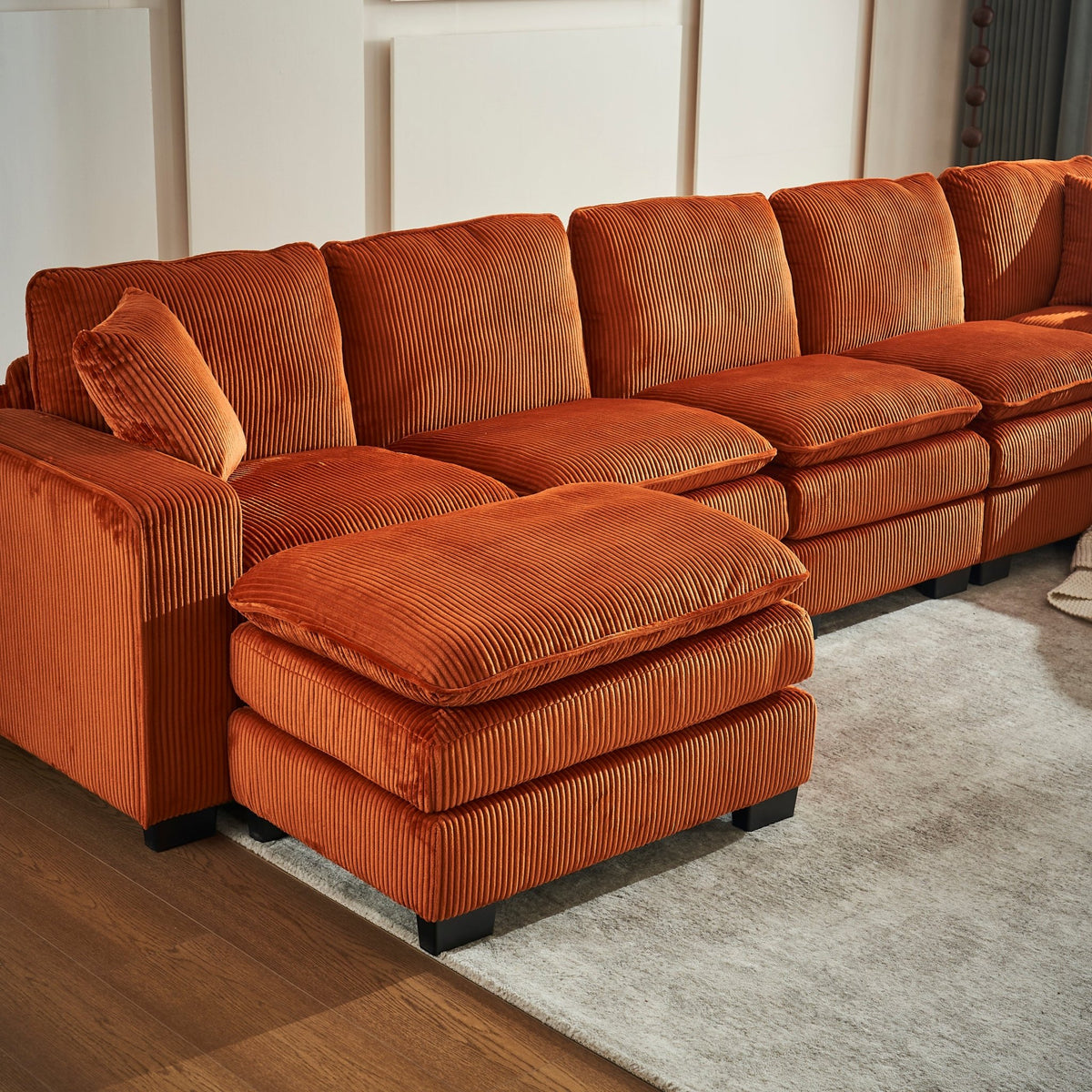 Modern U Shaped 6-seat Sectional Sofa Couch with one Ottoman and three toss pillows ,Modular Sofa for Living Room,Corduroy sofa - 1st Choice Furniture Direct